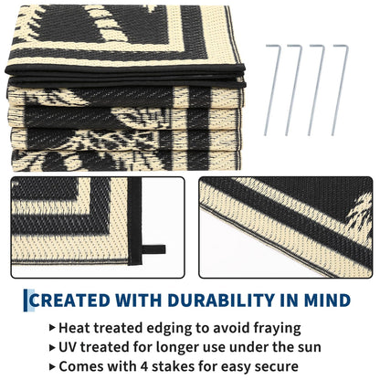 Garvee Outdoor Rug 5x8 Waterproof for Patios, Reversible Plastic Straw Rug, Tropical Leaf Indoor Outdoor Rugs, Large Area Rug for RV, Camping, Deck, Picnic Mat, Outside Carpet, Black & Brown