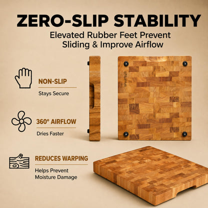 SHUMARU End-Grain Mahogany Cutting Board, 17×13×1.6" Thick Butcher Block with Juice Groove, Knife-Friendly Wood Chopping Block, Non-Slip Rubber Feet, Hand Grips, Heavy-Duty Prep & Serving Board