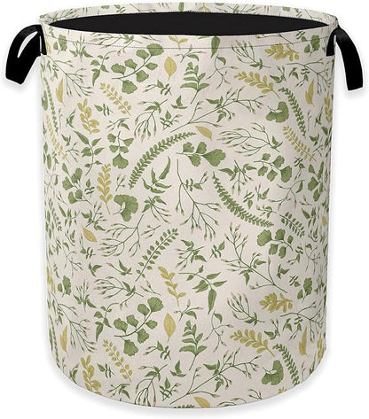 Green Herb Leaves Laundry Hamper, Rustic Wildflower Collapsible Laundry Baskets