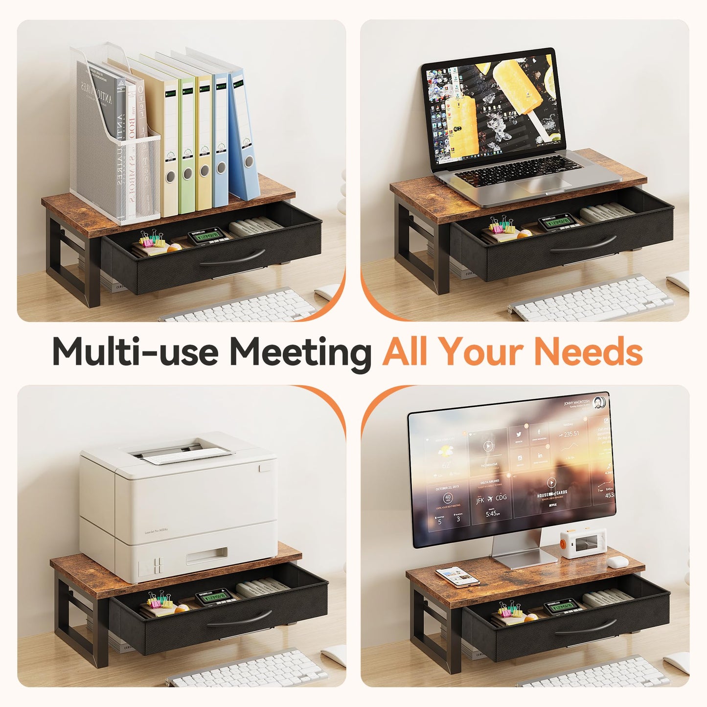 HEWORLIF Computer Monitor Stand Riser with Drawer, 2-Tier Desk Accessories & Workspace Organizers, Laptop Stand for Desk with Storage, Office Organization, Wood