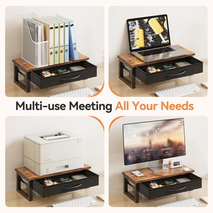 HEWORLIF Computer Monitor Stand Riser with Drawer, 2-Tier Desk Accessories & Workspace Organizers, Laptop Stand for Desk with Storage, Office Organization, Wood