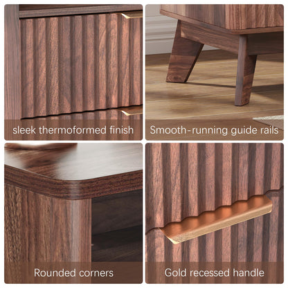 Baoz Walnut Fluted Nightstand with Charging Station & 2 Drawers for Bedroom