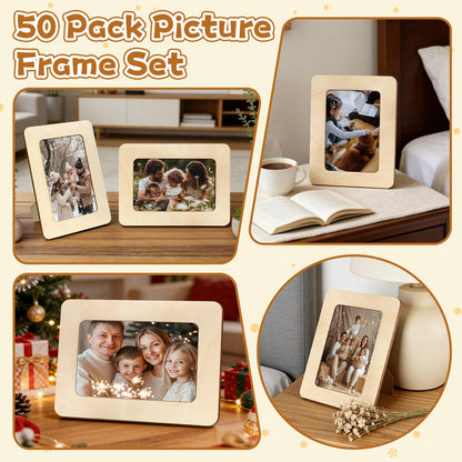 VOKOY 50 Pack Wooden Picture Frames for Crafts, DIY Wood Craft Picture Frames Bulk for 4" x 6" Photos,Unfinished Standing Photo Frames DIY Crafts Wood Decorate for Father's Day Birthday Party Gifts