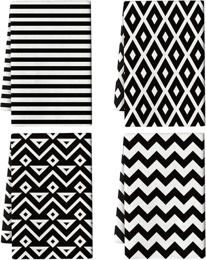 White Black Kitchen Towels Decorative Set of 4, Soft Absorbent Abstract Modern