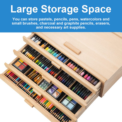 Falling in Art Wooden Pastel Storage Box, Artist Supply Storage Box With 4 Removable Drawer, Portable Organizer Box for Pencils, Markers, Brushes and Painting Tools