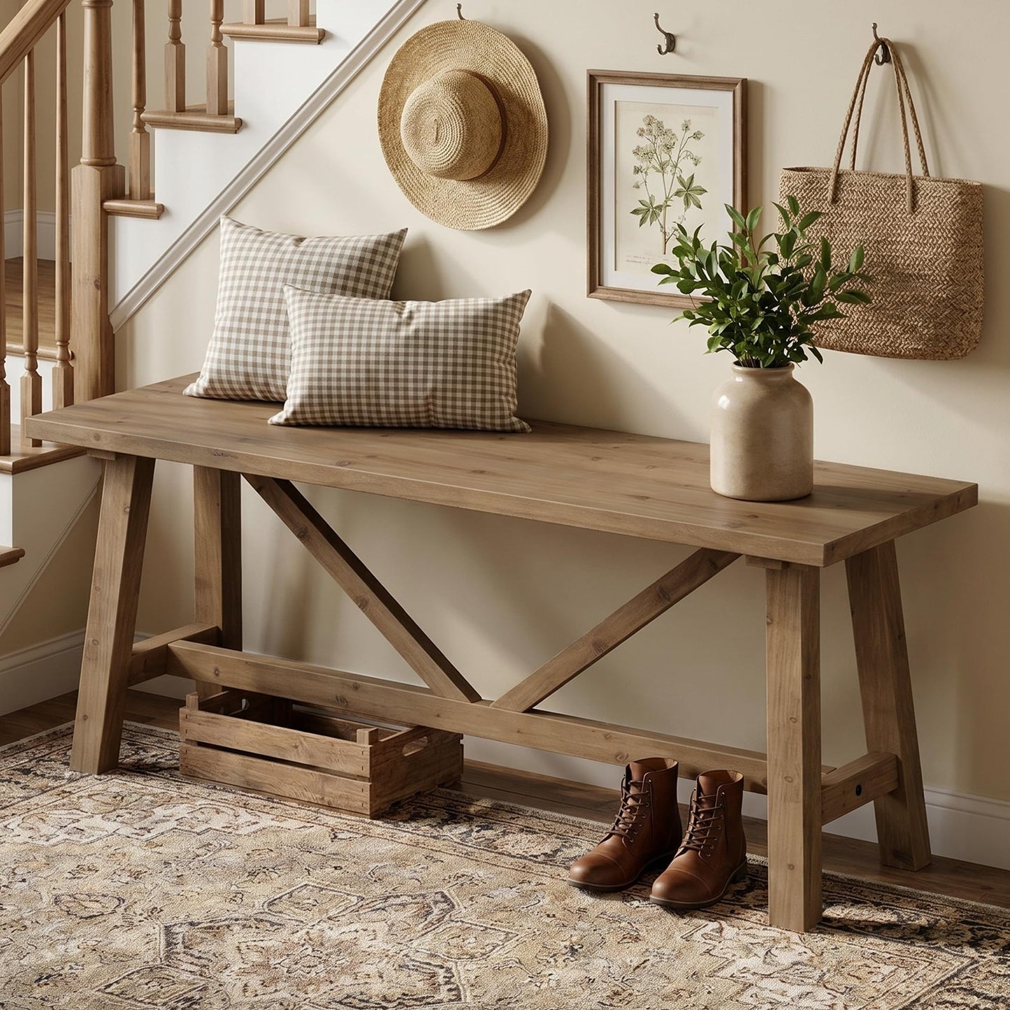 Wnutrees 43" Farmhouse Solid Wood Bench, Narrow Long Seat for Entryway Living Room Dining Area, Natural