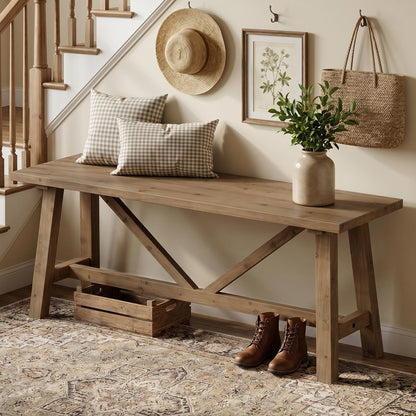 Wnutrees 43" Farmhouse Solid Wood Bench, Narrow Long Seat for Entryway Living Room Dining Area, Natural