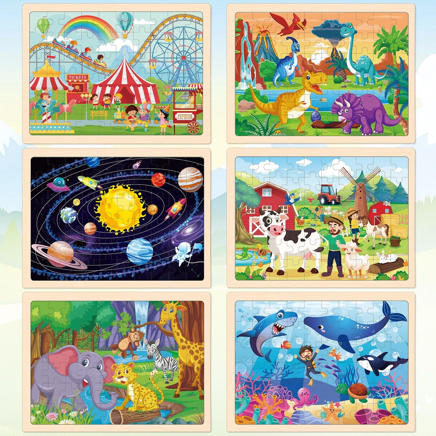 LACCHOUFEE 6 Pack Wooden Vehicle Puzzles for Kids Age 3 4 5 Year Old, 60 Pcs Montessori Toddler Animals Jigsaw Puzzles for Girl boy Activities Preschool Learning Birthday Gift Travel Autistic Toy