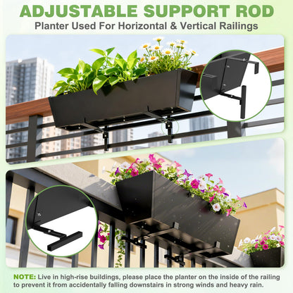 2PC Railing Planter for Outdoor Plants 36 Inch Metal Hanging Planters Pots with Adjustable Brackets and Drainage Railing Planter Boxes Hanging Flower Pots for Balcony Deck Railings Apartment Patio Dec