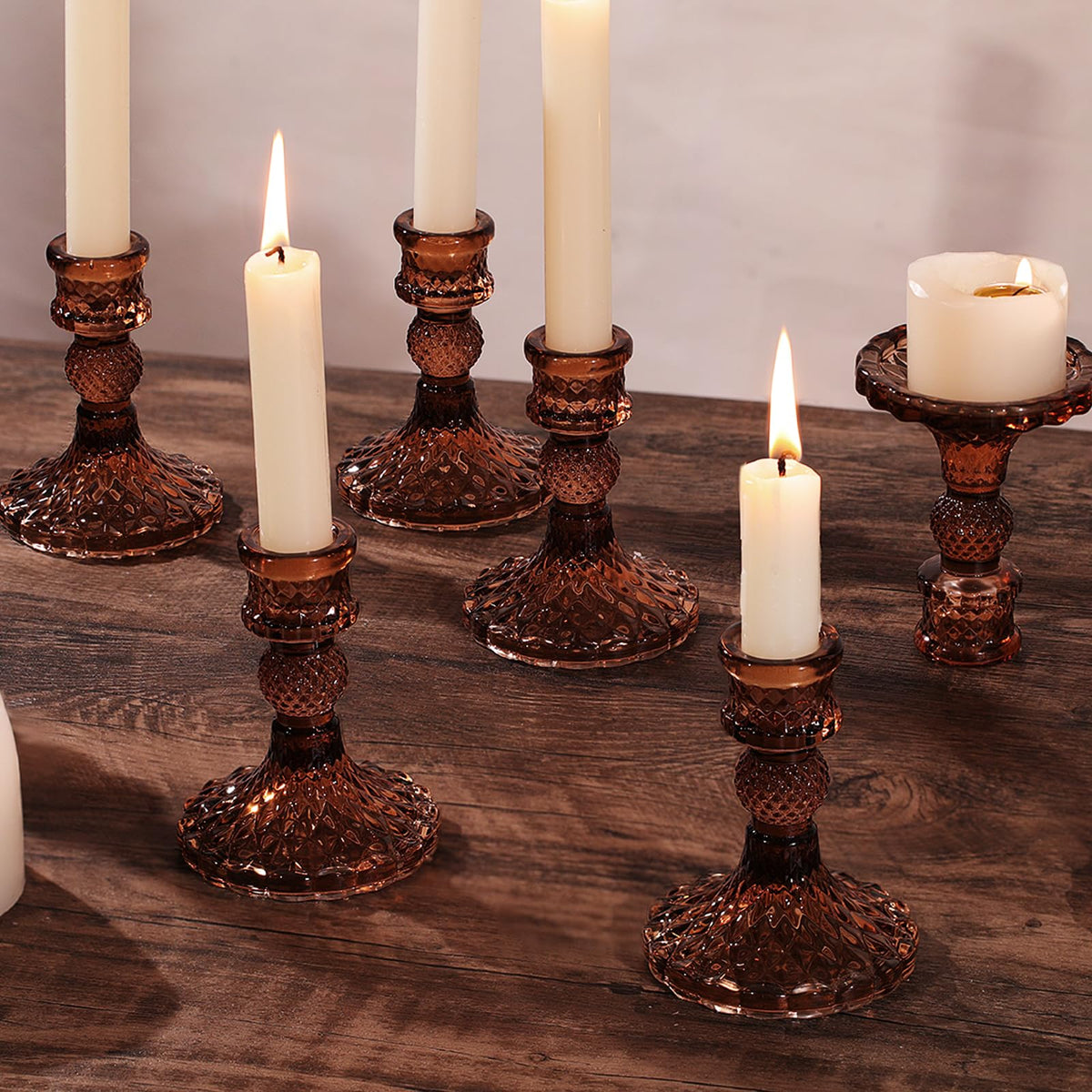 12Pcs Amber Candlestick Holders Set- 4" H Taper Candle Holders Bulk, Glass Candle Holders for Wedding, Party, Fall Dinner Table Centerpieces, Festival Gifts & Windowsill Decor