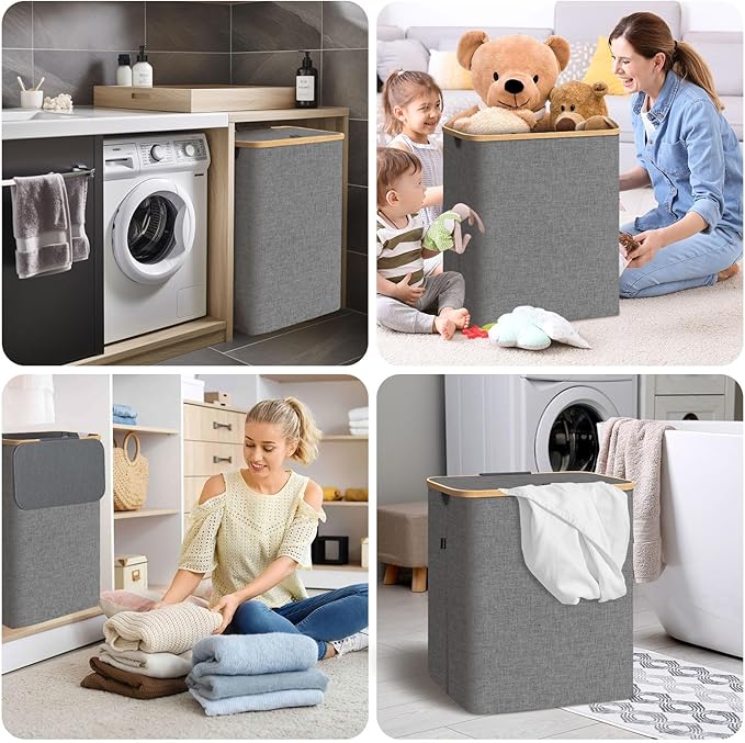 BALEINE Laundry Hamper with Lid, Tall Laundry Baskets with Bamboo Pull Handles