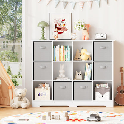 METOTI 12 Cube Storage Organizer Shelf, Wood Cubby Storage with 6 Fabric Drawers, 3 Tier Wooden Bookshelf with 2 Adjustable Shelves & Fluted Side Panels for Bedroom, Living Room, Home Office, Whtie