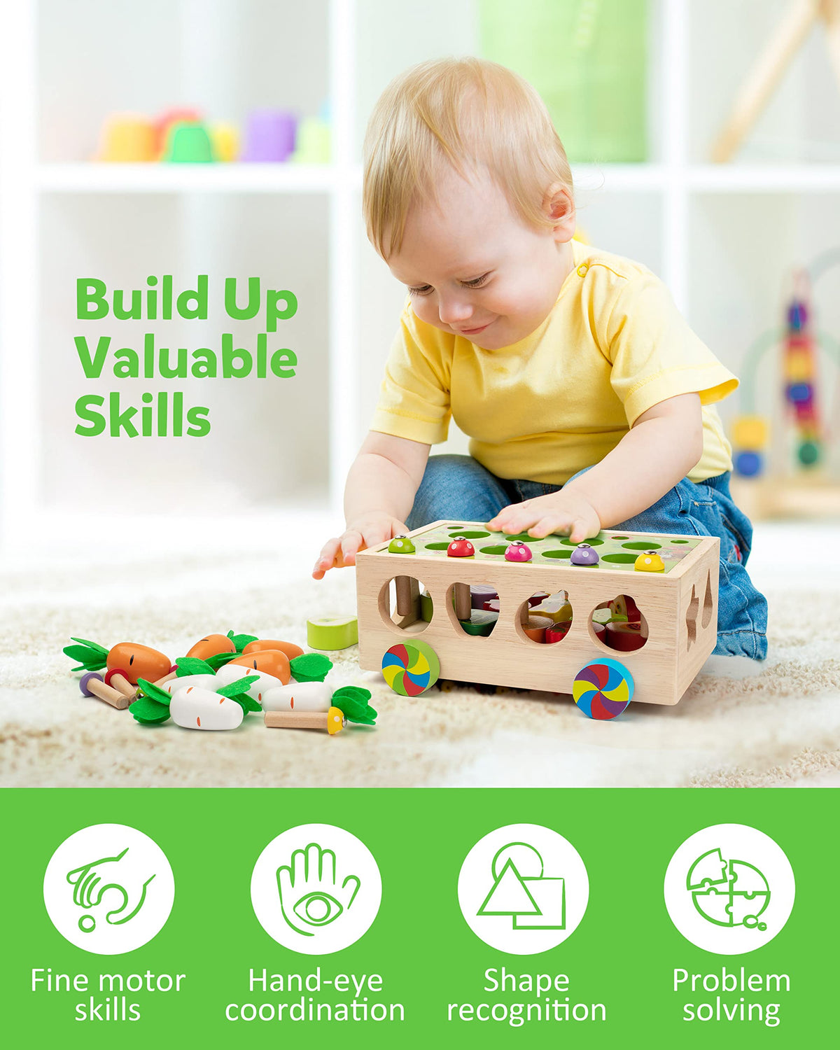 Coogam Montessori Fine Motor Toys for Baby Toddler, Wooden Shape Sorter Carrot Harvest Game for Easter Basket Stuffer, Preschool Learning Educational Gift Toy for 3 4 5 Year Old