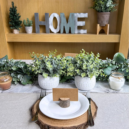 Winlyn Set of 2 Small Artificial Potted Plants Faux Eucalyptus Plant in White Geometric Ceramic Pots Small Desk Potted Plants 7.1" Tall for Home Office Room Decorations Wedding Greenery Centerpiece