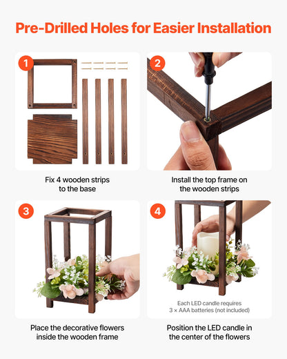 VEVOR 20 Set/60 Pcs Wooden Wedding Lantern Centerpiece, Includes 20 Wooden Lantern Candle Holder 20 Flameless LED Candle 20 Champagne Flower Wreath for Wedding Table Party Farmhouse Decor, Brown