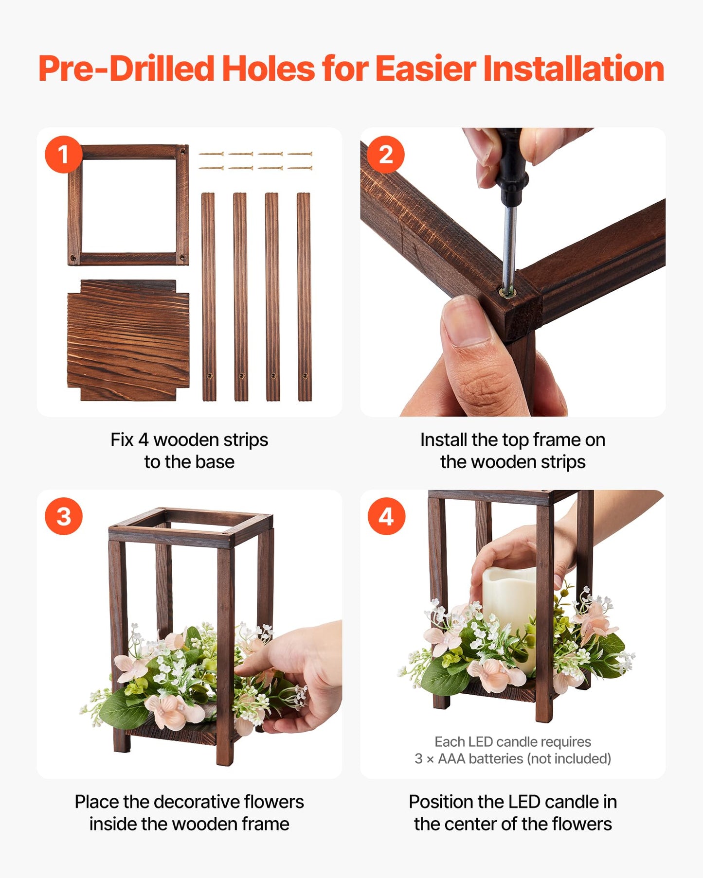 VEVOR 10 Set/30 Pcs Wooden Wedding Lantern Centerpiece, Includes 10 Wooden Lantern Candle Holder 10 Flameless LED Candle 10 Champagne Flower Wreath for Wedding Table Party Farmhouse Decor, Brown