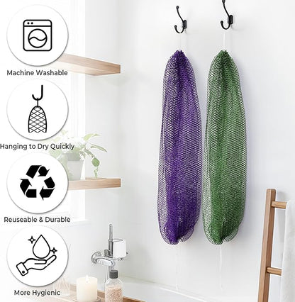 Authentic African Net Sponge with Knots - 2 Pieces Exfoliating Body Sponge Purple & Green - Back Scrubber Shower Exfoliator for Women Personal Care - Shower Scrub for Body Wash Bathing Accessories