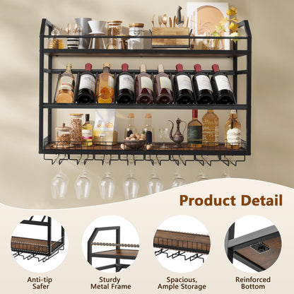Hoctieon Wall Mounted Wine Rack, 31.5" Wall Wine Rack for Display and Storage, Hanging Bottle Holder, for Living Room, Dining Room, Bar, Wine Cellar, Rustic Brown