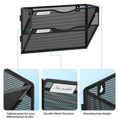 Marbrasse Wall File Holder 2-Tier Hanging Wall File Organizer, Mesh Mail Holder for Papers, Wall Mount File Clipboard & Magazine Organizer Great for Office Home - 2P