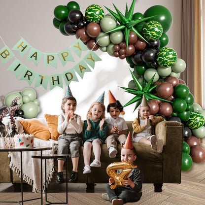 137pcs Camo Balloon Arch Garland Kit, Dark Green and Brown Balloon Arch Kit with Brown Sage Green Black Foil Balloons for Jungle Hunting Camo Birthday Party Decorations