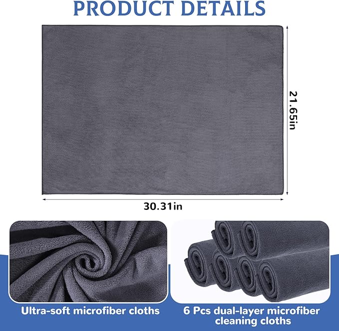 6 Pcs Extra Large Microfiber Cleaning Cloth Reusable Microfiber Towels Thick