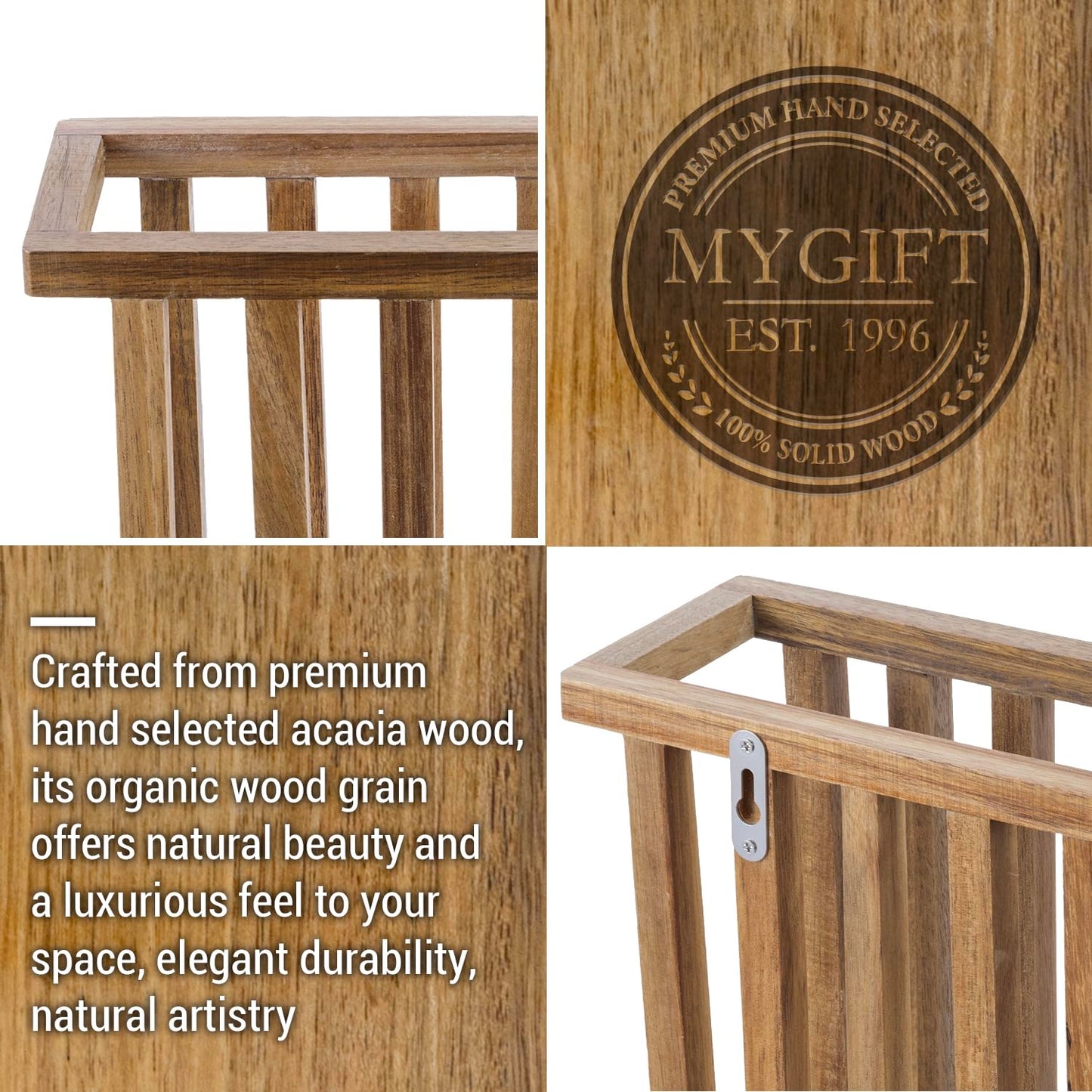 MyGift 11 Inch Premium Acacia Wood Wall Mounted Magazine Rack and File Folder Holder, Mid Century Modern Home Office Hanging Storage for Oversized Magazines
