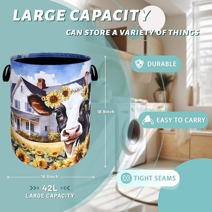Cows Sunflower Laundry Basket Cow Foldable Funny Laundry Hamper Oxford Cloth