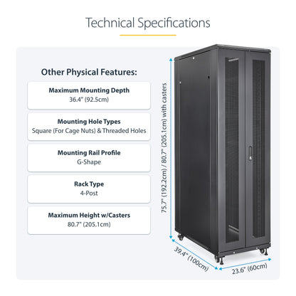 StarTech 42U Enterprise-Grade Server Rack Cabinet, Alloy Steel, 19in Enclosed 4-Post Rack with 36in (91cm) Mounting Depth and 2000lb (900kg) Weight Capacity, Black