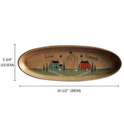 CVHOMEDECO. Primitive Rustic House Willow Tree Sheep Wood Decorative Plate Oval Crackled Display Wooden Plate Home Décor Art, 15-1/2 X 5-3/4 Inch