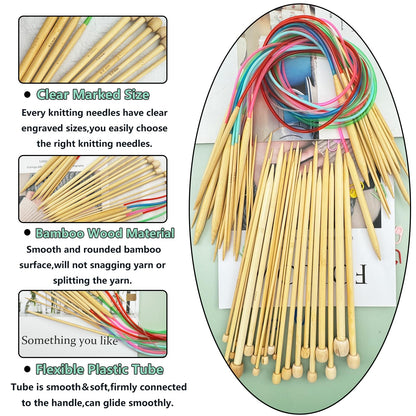 Hobekoee Knitting Needles Set,36 PCS 9.8" Straight Single Pointed Bamboo Knitting Needles ＆ 18 Pairs 31.5” Bamboo Circular Knitting Needles Set with Colorful Plastic Cable,18 Sizes: 2mm-10mm