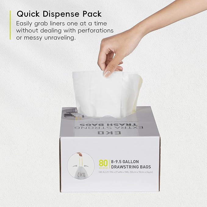 EKO Easy-Dispense Roll 80 Count Extra-Strong Drawstring Tall Kitchen Trash Bag