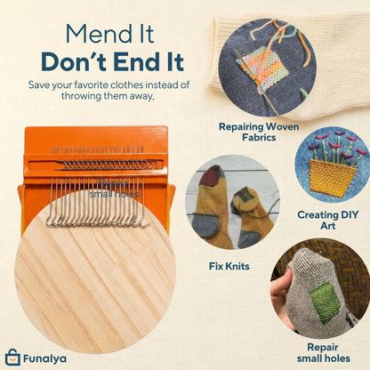 Funalya Darning Loom 21 Hooks Speedweve Mending Loom Kit for Visible Mending 2 Needles & 10+ Pattern Guide– Mini Patch Loom for Jeans Socks Repairs, Speed Weave Patchmaker Loom Small Darner Tool