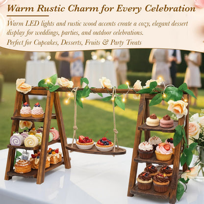 Purpeak Rustic Wooden Cupcake Stand with LED String Lights, 3 Tier Dessert Display Ladder with Swinging Tray, Solid Pine Serving Trays with Flower Vine for Wedding, Party, Birthday Event Table Decor