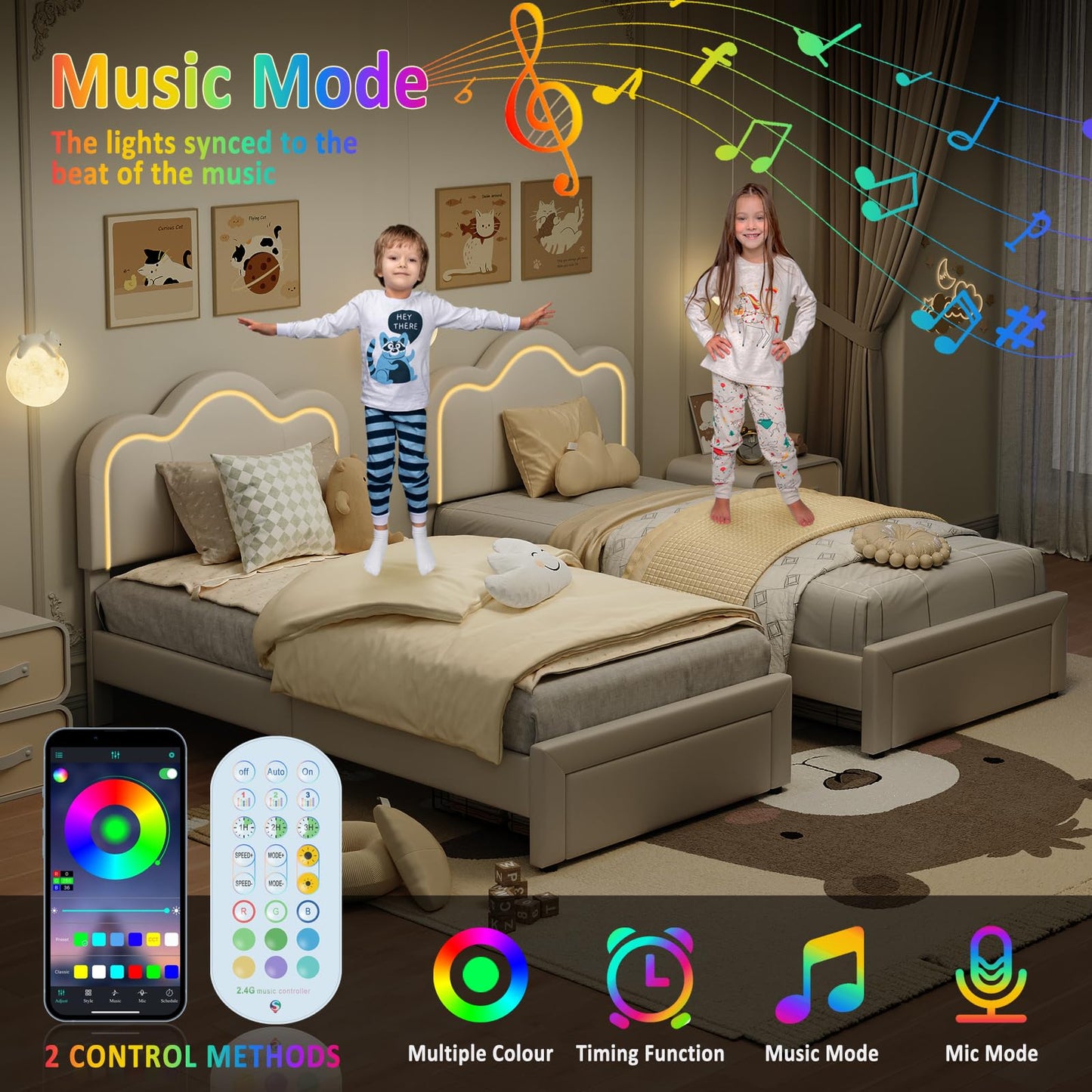 GarveeHome Twin Upholstered LED Bed Frame with Headboard and Storage Drawer, PU Leather Princess Platform Bed Frame for Kids, Wooden Slats Support, No Box Spring Needed (Cream)