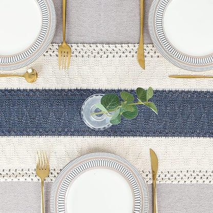 FEXIA Boho Blue Table Runner 90 Inches Long with Tassels Macrame Farmhouse Summer Style Graduation Party Rustic Wedding Baby Shower Dining Kitchen Living Room Decor (12x90 Inches)