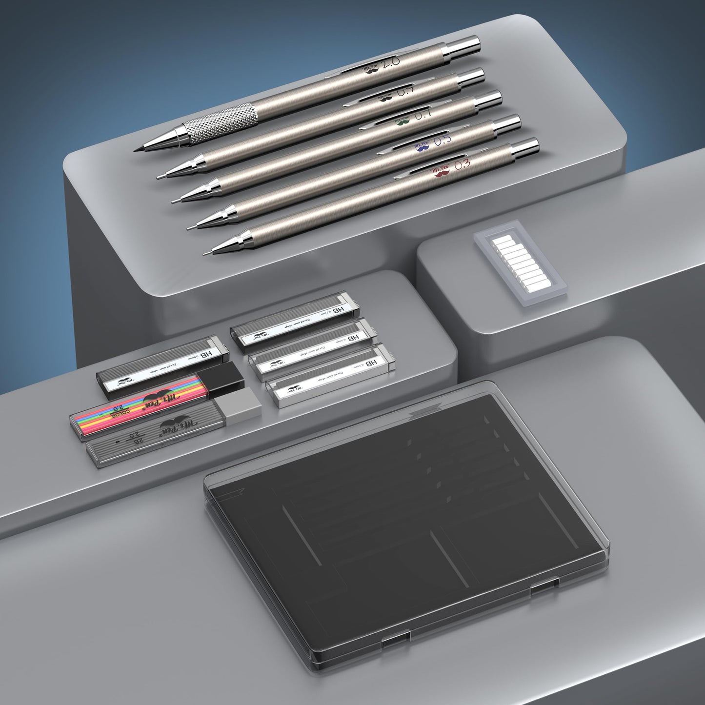 Mr. Pen- Metal Mechanical Pencil Set with Lead and Eraser Refills, 5 Sizes, 0.3, 0.5, 0.7, 0.9, 2mm, Drafting, Sketching, Architecture, Drawing Metal Mechanical Pencils