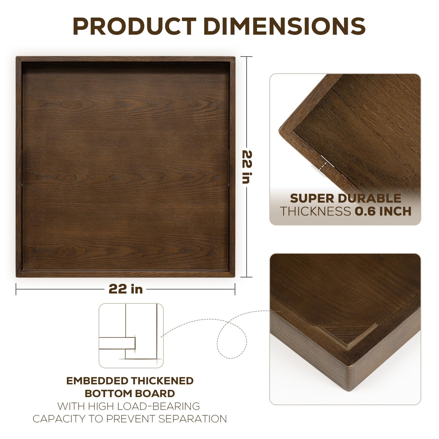 Axeman 22 Inch Large Square Wooden Ottoman Tray for Living Room|Extra Large Serving Tray with Handles for Coffee Table, Breakfast|Decorative Wood Tray for Ottoman Couch Sofa Kitchen|Walnut