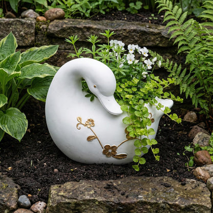 Elenon Goose Planter for Succulents Indoor Outdoor with Drainage Hole, Unique Home Garden Decor Resin Cute Flower Pot Gift Idea for Plant Lovers (White)