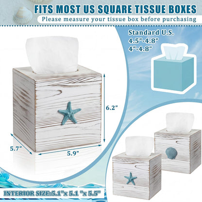 Thyle 2 Pcs Coastal Tissue Box Cover, Wooden Beach Square Tissue Box Holder Closure Starfish Shell Decorations Farmhouse Cube Napkin Holder for Coastal Bathroom Home Accessories Living Room Bedroom