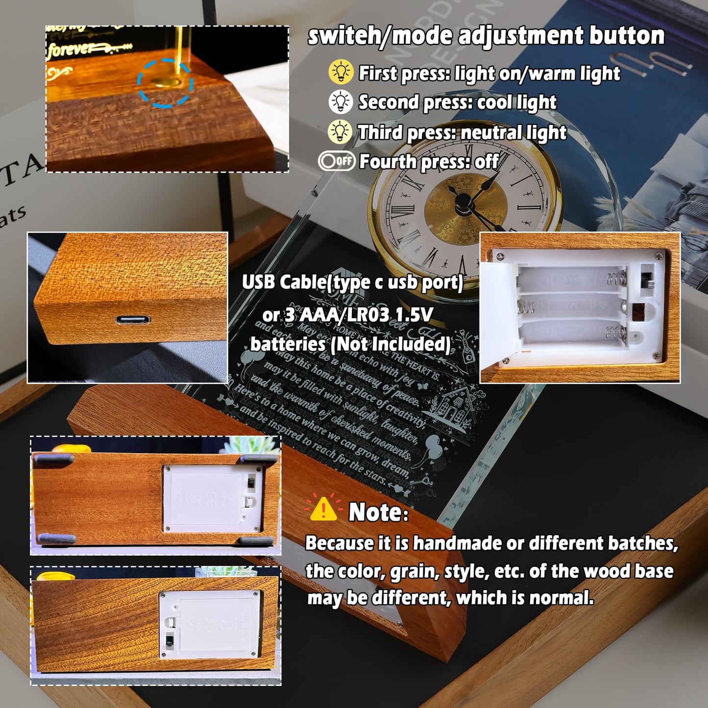 Arikyrist House Warming Gifts Glass Clock with Wooden LED Light Base for Women Men Unique New Home Gift Ideas Crystal House Warming Gifts for Couples Family Home Blessing Keepsakes Tabletop Decor
