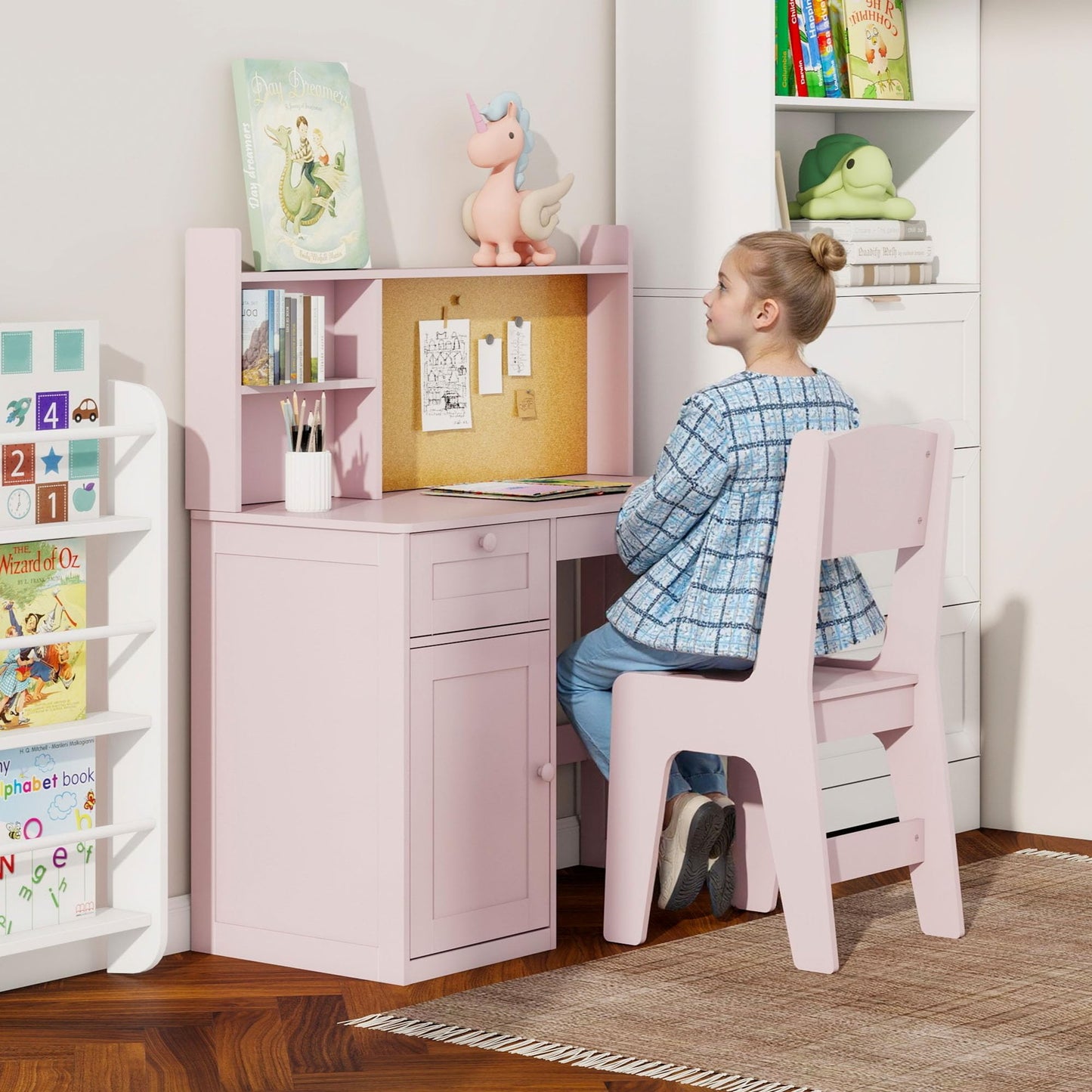 FTZxHKLX Kids Study Desk with Chair, Children Study Table and Chairs for 5-12 Years Old, Wooden Kids Desk and Chair Set with Hutch and Storage Cabinet for Bedroom, Study Room, Pink