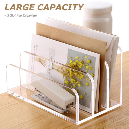 SANRUI Acrylic File Mail Desktop Organizer Sorters,3 Compartments Laddered Clear Desk Letter Organizer Office Document Sorter,Multifunction Envelope Folder Racks Holders for Office,Home, School