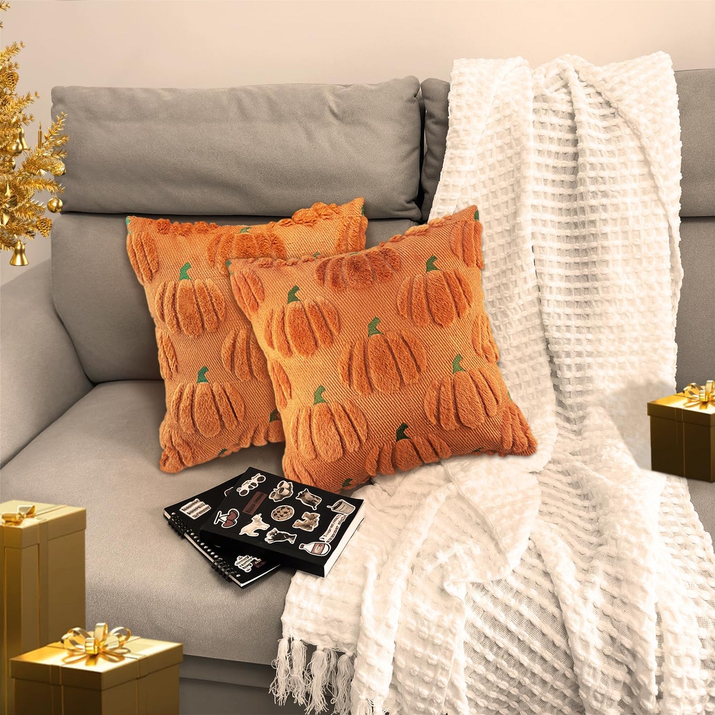 Bunliuys Fall Pumpkin Decorative Throw Pillow Covers 24x24 Set of 2 Pillow Covers, Faux Fur Square Pillow Cover Fluffy Plush Accent Throw Pillow Case, Throw Pillow Cover Cushion Cover for Autumn