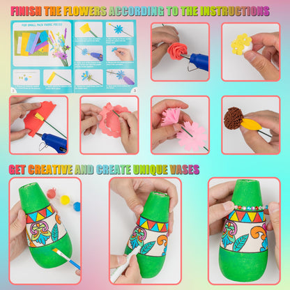 FTBox Crafts Kit for Girls Ages 6-12, Felt Flowers Bouquet and Paint Vase Art Craft Project for Girls, DIY Activity Christmas Birthday Gift for Kids Age 8 9 10 11 12 Year Old (Ceramic Vases)