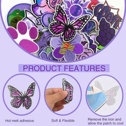 30pcs Purple Series Embroidered Iron on Patches Mixed Daisy Flower Paw Print Letters Sewing Patch Appliques for DIY Clothing Jackets Jeans Pants Backpacks Repair Decoration