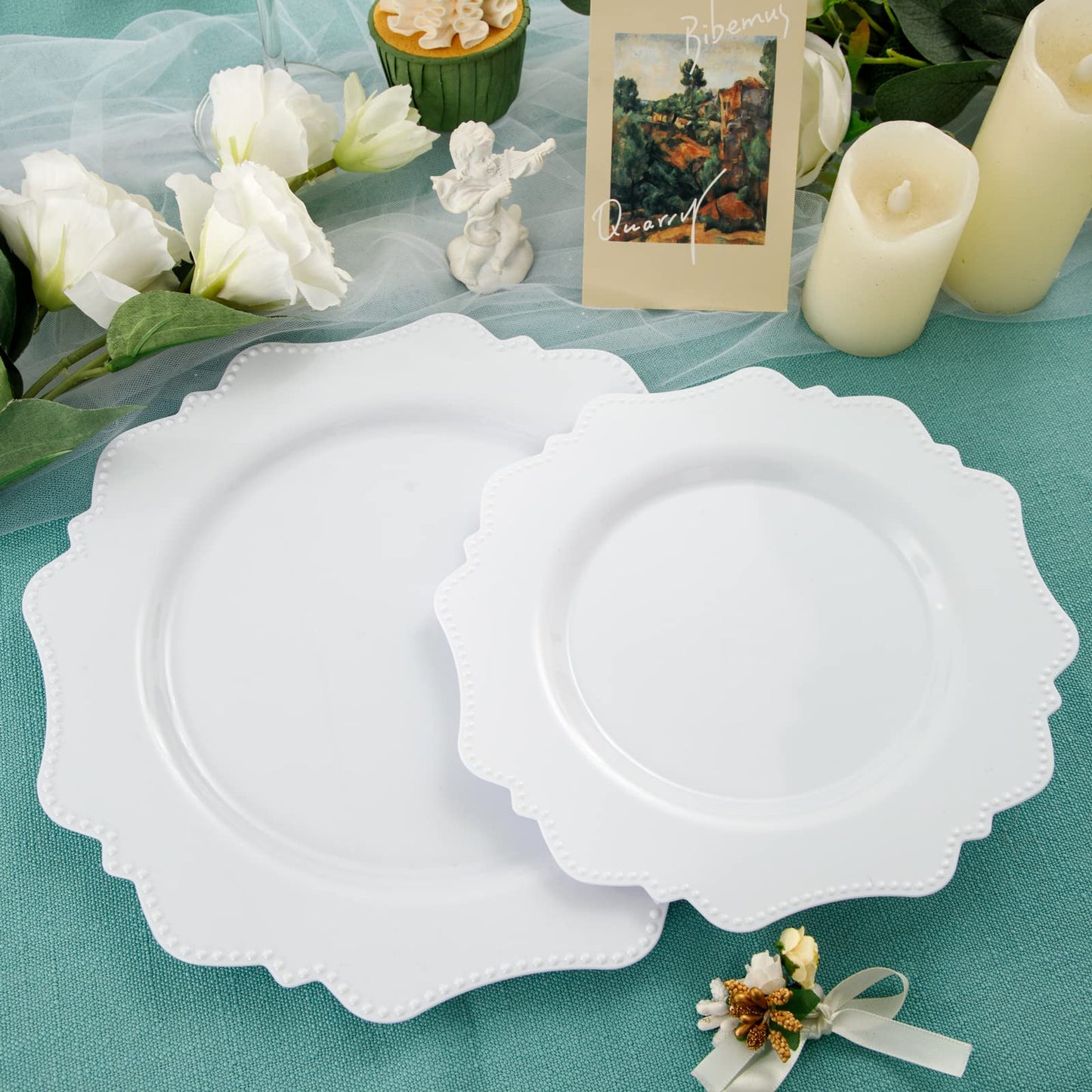 COLOSUS 60pcs White Disposable Plastic Plates-Heavy duty plate for party/wedding/anniversary 30 dinner plates and 30 dessert/salad plates