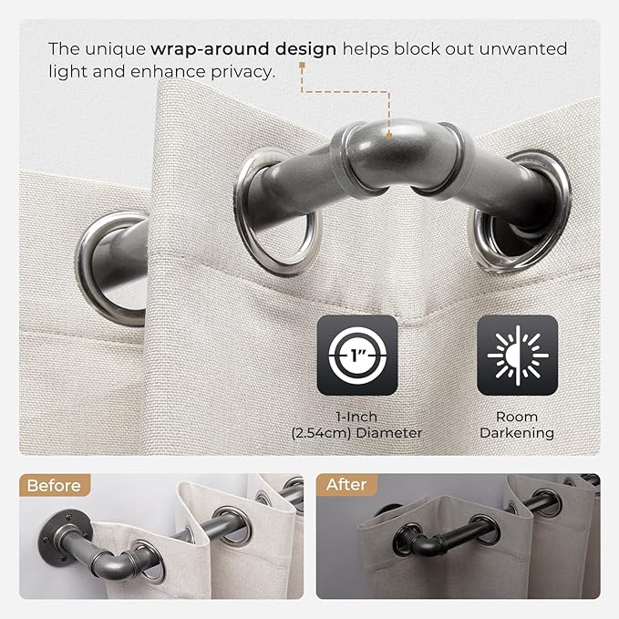 Zeerobee Curtain Rods for Windows 72 to 144, 1 Inch Industrial Wrap Around Grey Curtain Rod, Indoor/Outdoor Room Divider Adjustable Drapery Pole, 72"-144"