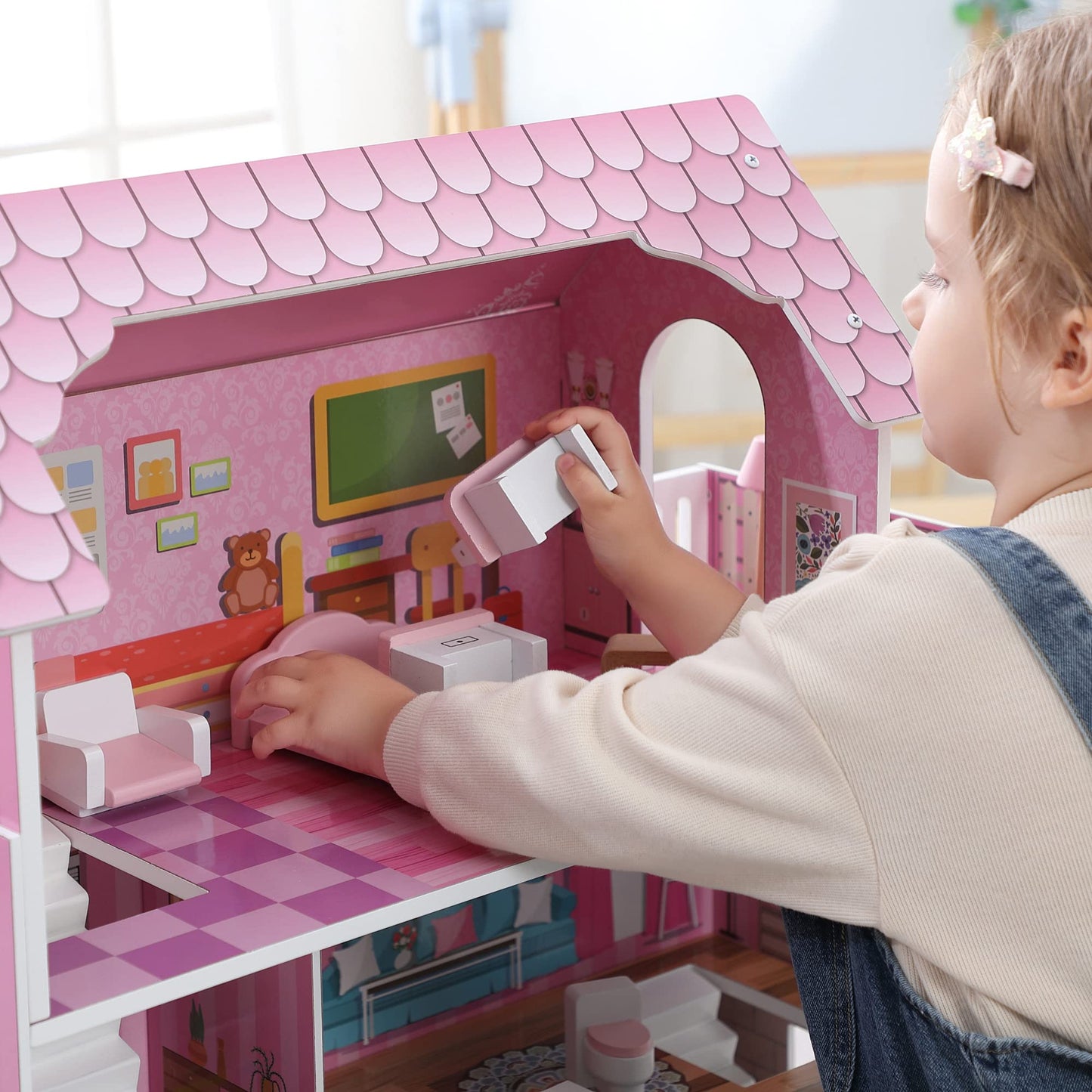 OCINONE Kids Dollhouse - Pink Wooden Doll House with 10-Piece Mini Furniture Set, 3-Story & 5 Open Rooms, Easy to Assemble Pretend Play House, Gift for Girls Boys Ages 3 4 5 6 Years Old