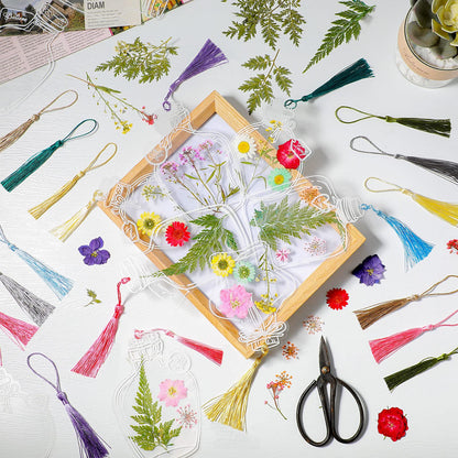 TaoBary 91 Pcs DIY Handmade Transparent Dried Flower Bookmark Set Include Butterflies Clear Bookmarks Dried Flowers Colorful Tassels and Tweezer for Book Bottle Supplies(Classic Color)