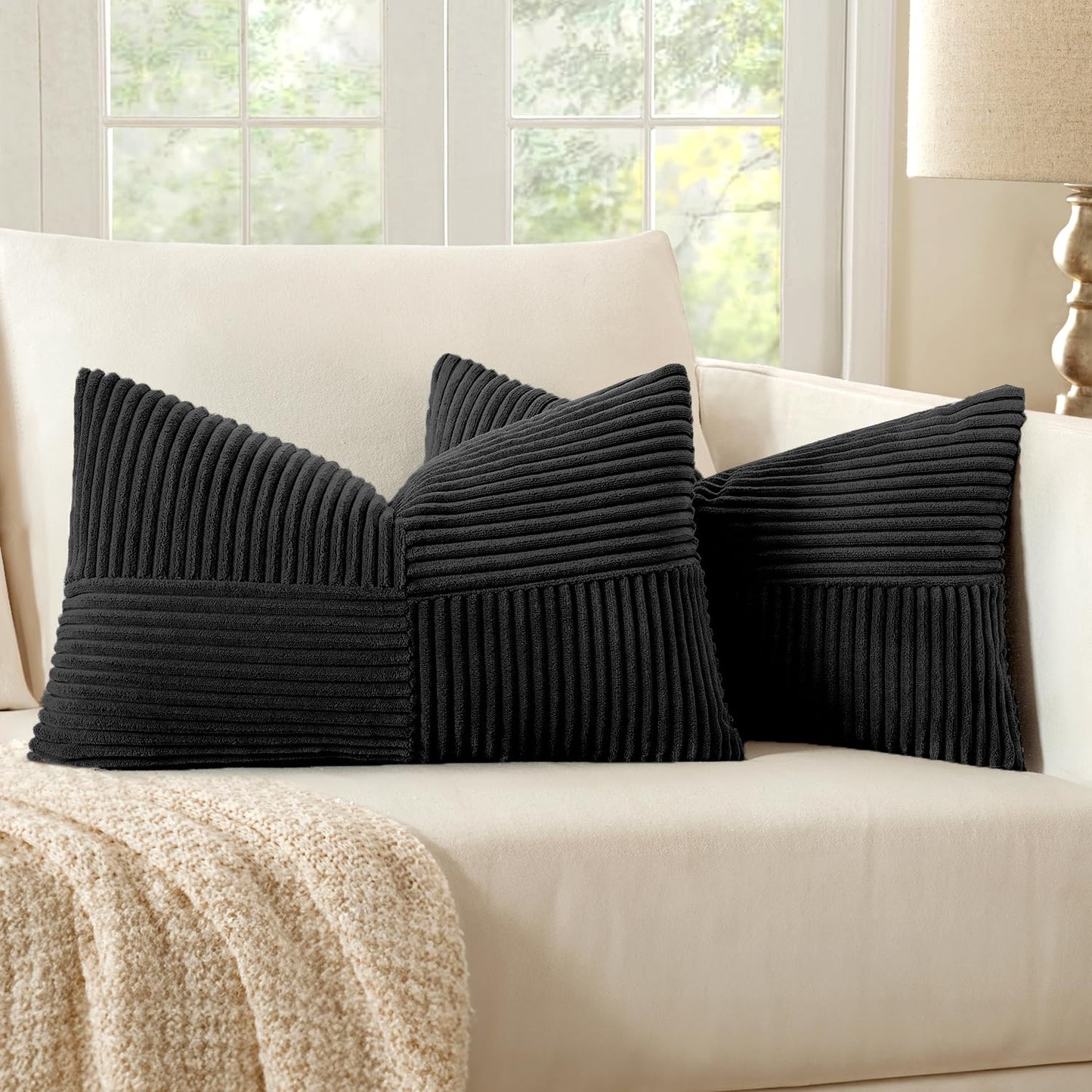 MIULEE Black Corduroy Pillow Covers Pack of 2 Boho Decorative Spliced Throw Pillow Covers Soft Couch Pillowcases Cross Patchwork Textured Cushion Covers for Living Room Bed Sofa 18x18 inch